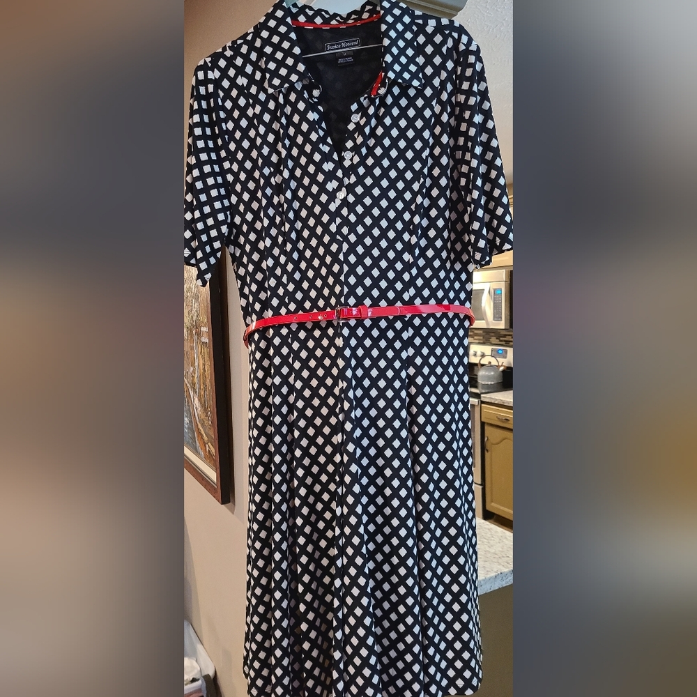 Jessica Howard Dress Black white Check red belt 14